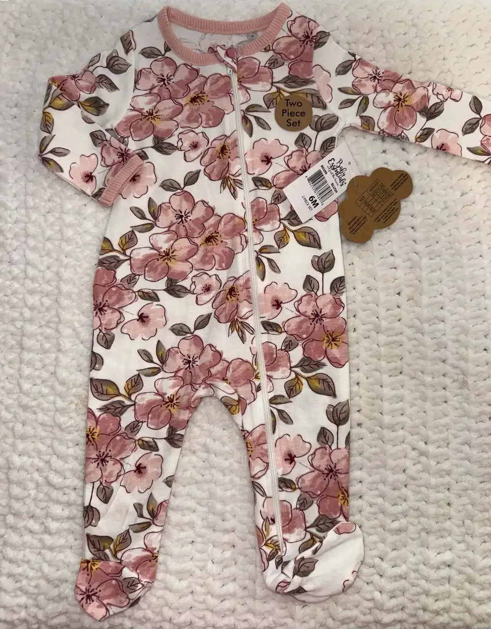 Baby Essentials Two Piece Set Floral and Ribbed Sleeper Pajamas 6M Blush